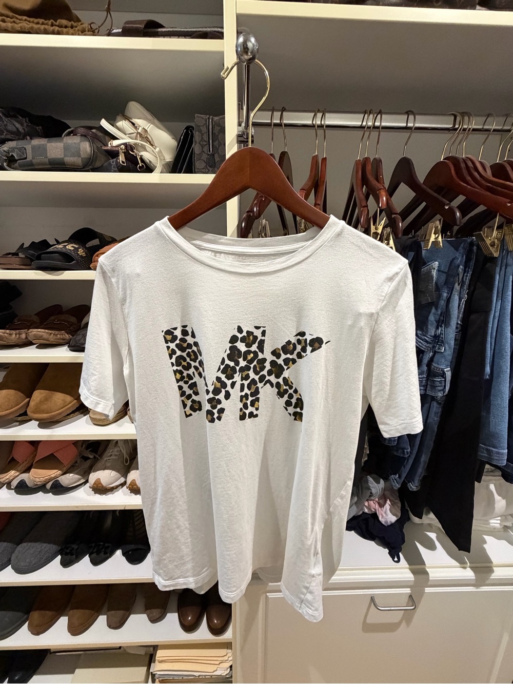 Women’s MICHAEL Michael Kors White Short Sleeve Tee with Leopard MK Logo